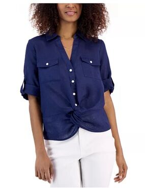INC International Concepts Navy Button-Front Twist Hem Blouse